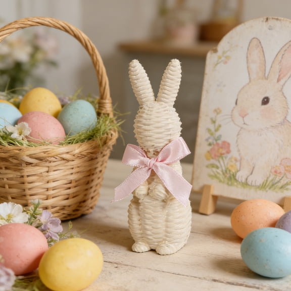 Farmhouse Woven Rattan Bunny Statue, Resin Rabbit Decor Figurine, Rustic Home Accent for Living Room Mantel Tabletop Garden Patio Holiday Decoration