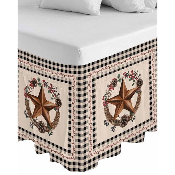 Farmhouse Wrap Around Bed Skirts for California King Bed 18" Drop,Bed Skirt with Adjustable Elastic Belt Dust Ruffle Bed Valance for Bedroom Country Star Berry Plaid Lodge Grey Brown Bed Frame Cover