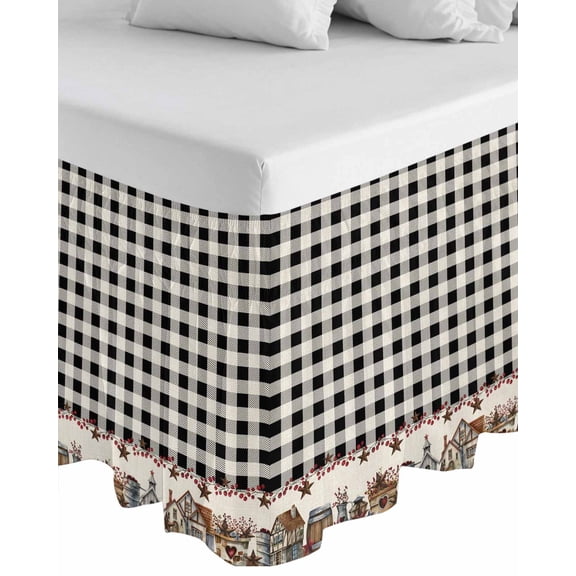 Farmhouse Wrap Around Bed Skirts for Queen Bed 16" Drop,Bed Skirt with Adjustable Elastic Belt Dust Ruffle Bed Valance for Bedroom Hotel American Country Star Barn Black Plaid Berry Bed Frame Cover