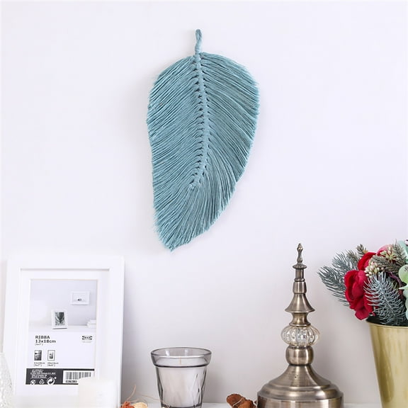 Farmhouse Wreath 11.8" Cotton Line Woven Shaped Tapestry Wall Decor Soft Workmanship Macrame Wall Hanging Feather Boho Chic Woven Tassels Ornament For Bedroom Living,Blue Household Pendant