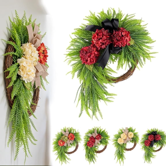 Farmhouse Wreath 16 Inch - Rustic Door Decor with Linen Bow & Greenery, Double-Sided Hanging for Front Door Fireplace Wall, Artificial Foliage -B