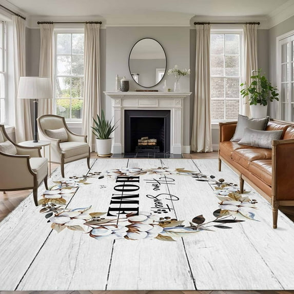 Farmhouse Wreath Area Rugs 8'x10', Washable Small Throw Rugs for Living Room Patio, Sweet Home Rustic Plants Texture Grey Wood Indoor Outdoor Rug Non-Slip Low Pile Carpet Runner Reversible Floor Mats
