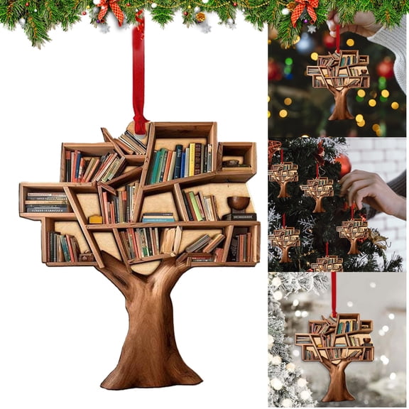Farmhouse Wreath Book Ornaments Book Lovers Ornament 2 Wood Book Christmas Ornament Wooden Bookshelf Decoration Ornament 3D Ornaments Keepsake For Book Club Librarian Family Friends Who,Brown Househo