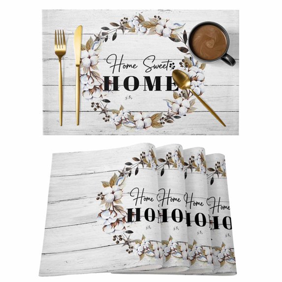 Farmhouse Wreath Placemats Set of 8, Sweet Home Rustic Plants Texture Grey Wood Placemats for Dining Table, Place Mats for Kitchen Tabletop, Waterproof Wipeable Dining Table Mats Set