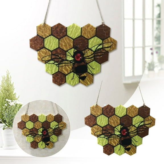 Farmhouse Wreath Stained Glass Window Hanging Honeycomb Multicolor Butterfly Stained Glass Panels Garden Window Ornament,Yellow Bee Household Pendant