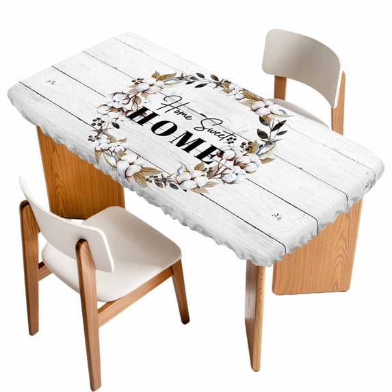Farmhouse Wreath Table Cloths for 4 Foot Rectangle Tables, Sweet Home Rustic Plants Texture Grey Wood Patio Waterproof Elastic Fitted Tablecloths, Washable Rectangular Table Cover for Camping