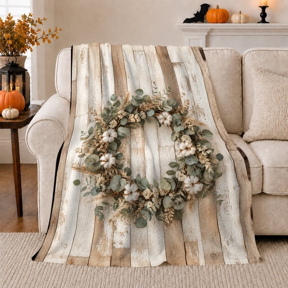 Farmhouse Wreath Wood Plank Flannel Blanket, Cozy Rustic Sofa Throw for Cottage Lovers and Farmhouse Fans, Warm Bedroom Reading Nook Home Decor, Housewarming Christmas Gift