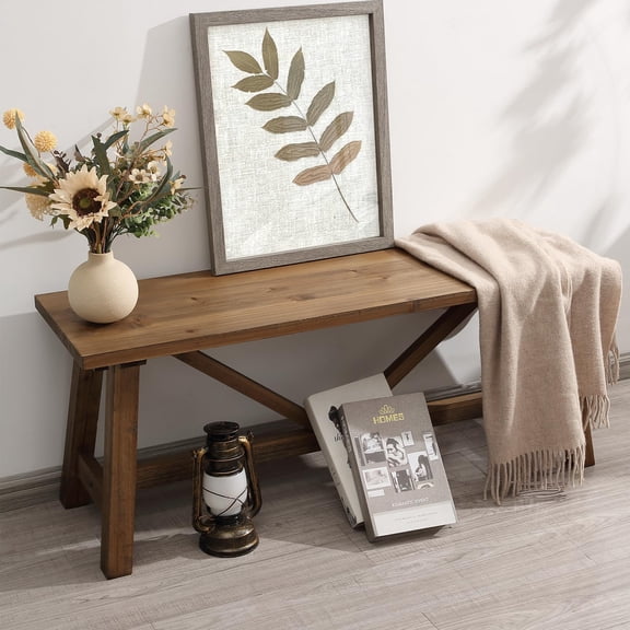 Farmhouse X-Leg Wood Bench, Natural Finish, Solid Wood, 43 Inch