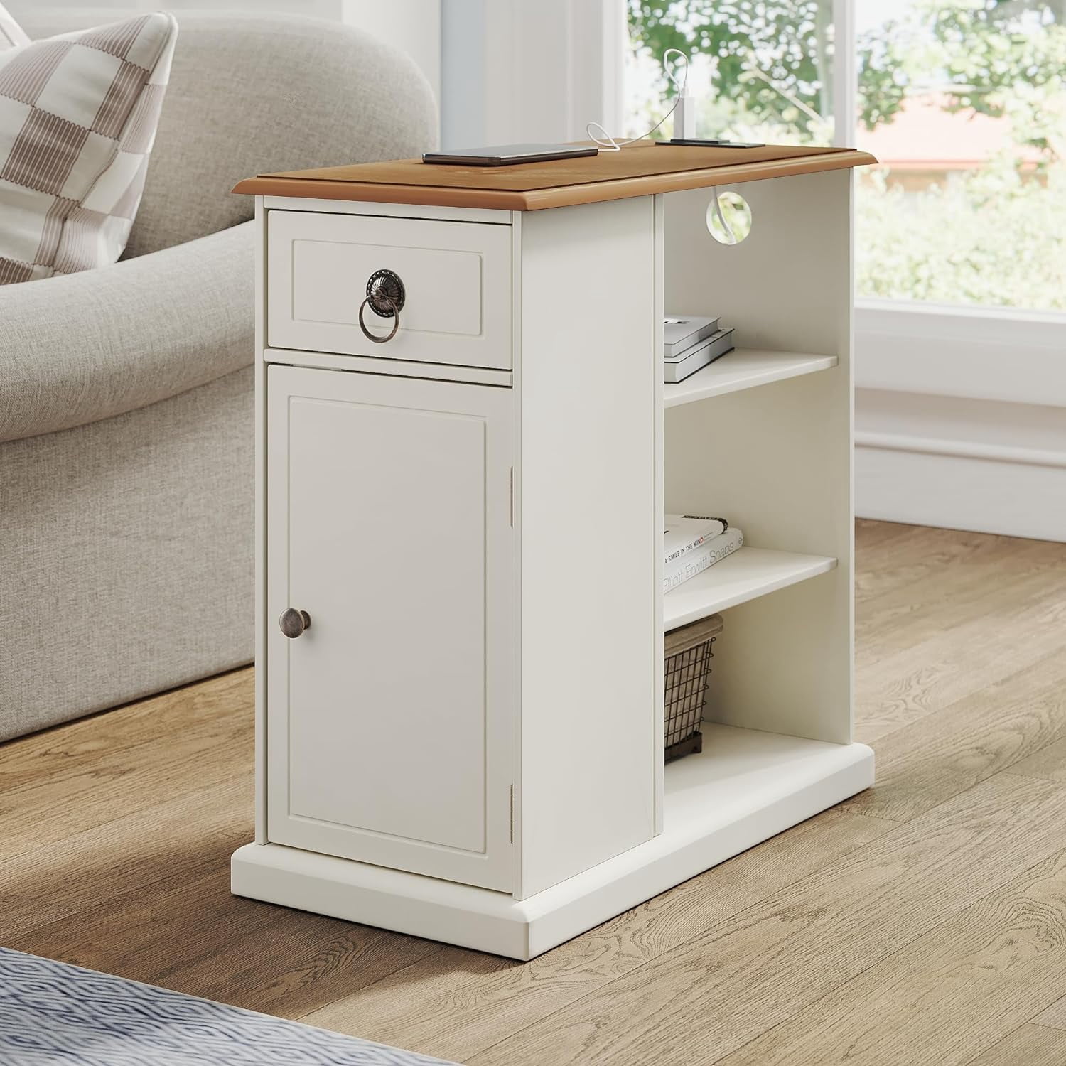 Farmhouse XXL End Table With Charging Station - Narrow Side Table With USB Ports, 2 Drawers, Rustic Cherry Finish