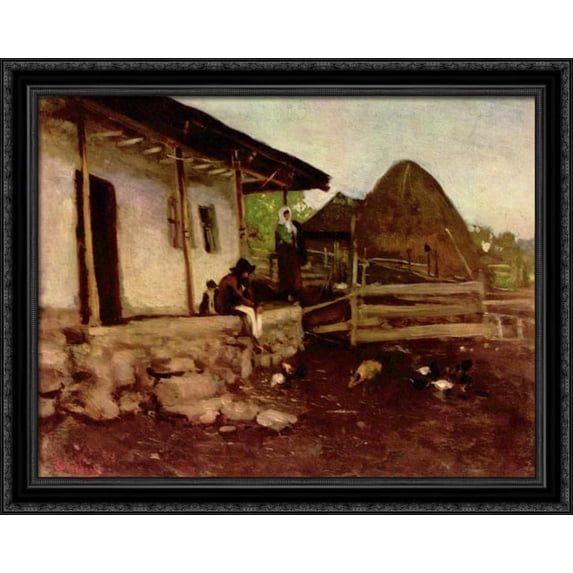 Farmhouse Yard 36x28 Large Black Ornate Wood Framed Canvas Art by Nicolae Grigorescu
