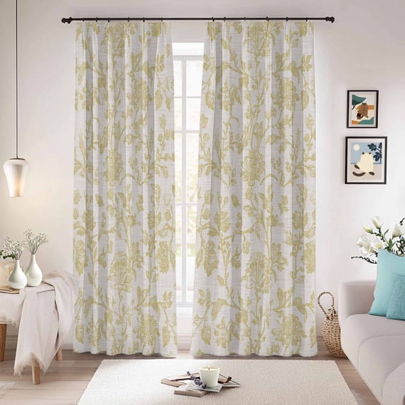 Farmhouse Yellow Blackout Curtains for Bedroom/Living Room, Pinch Pleated Black Out Curtains, Vintage Flower Leaf Botanical Plant Room Darkening Window Drapes with Hooks 2 Panels, 59"x70"