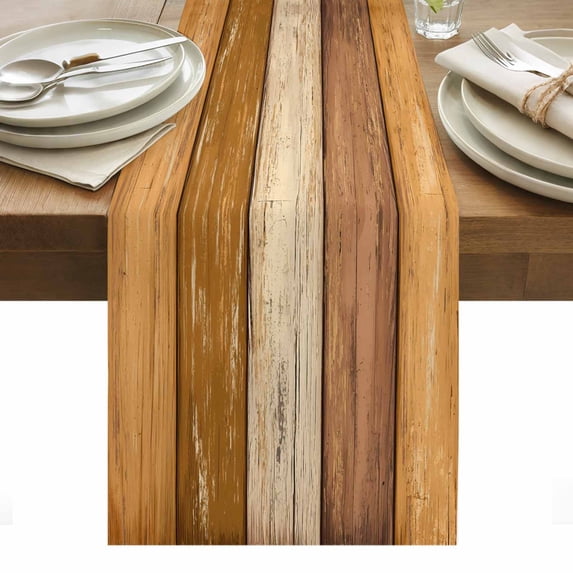 Farmhouse Yellow Brown Table Runner - 60 Inch Long, Kitchen Dining Table Runner Dresser Scarves, Vintage Wooden Striped Farmhouse Decor for Coffee Tables Wedding Party Banquet