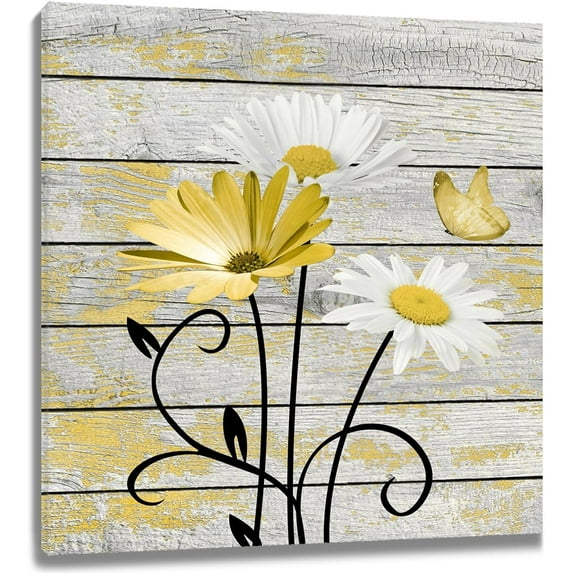 Farmhouse Yellow Floral Wall Art for Living Room White Daisy Flower and Butterfly on Grey Wood Pictures Wall Decor Nature Plant Framed Canvas Wall Art for Bedroom Bathroom Decor,12L X 12W Inches