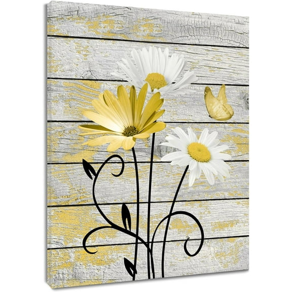 Farmhouse Yellow Floral Wall Art for Living Room White Daisy Flower and Butterfly on Grey Wood Pictures Wall Decor Nature Plant Framed Canvas Wall Art for Bedroom Bathroom Decor,16L X 12W inches