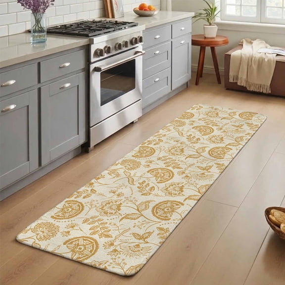 Farmhouse Yellow Floral Washable Runner Rug 3X7 ft Linen Boho Flower Rustic Country Non-Slip Hallway Runner Rug, Linen Kitchen Runner Mats, Indoor Floor Carpet for Entryway Bathroom Bedroom