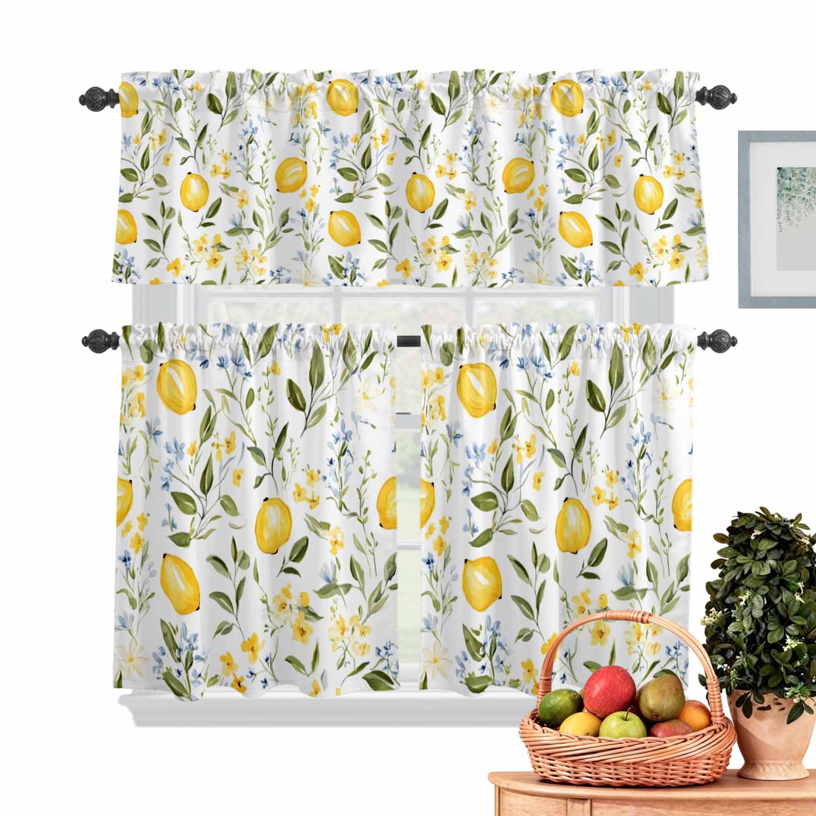 Farmhouse Yellow Kitchen Curtains Valances 3 Piece Set, Lemon Green ...