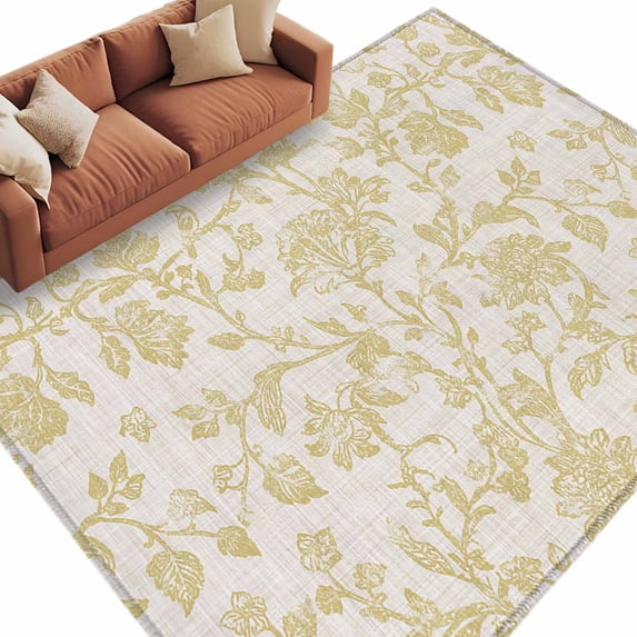Farmhouse Yellow Large Area Rugs for Bedroom Living Room, Soft Non Slip Carpet Bedside Rug, Vintage Flower Leaf Botanical Plant Rectangular Floor Cover Kitchen Accent Rug 5'x8' for Dining Room/Office