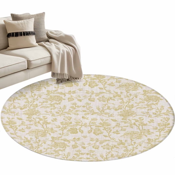 Farmhouse Yellow Large Area Rugs for Bedroom Living Room, Soft Non Slip Carpet Bedside Rug, Vintage Flower Leaf Botanical Plant Round Floor Cover Kitchen Accent Rug 3' for Dining Room/Office