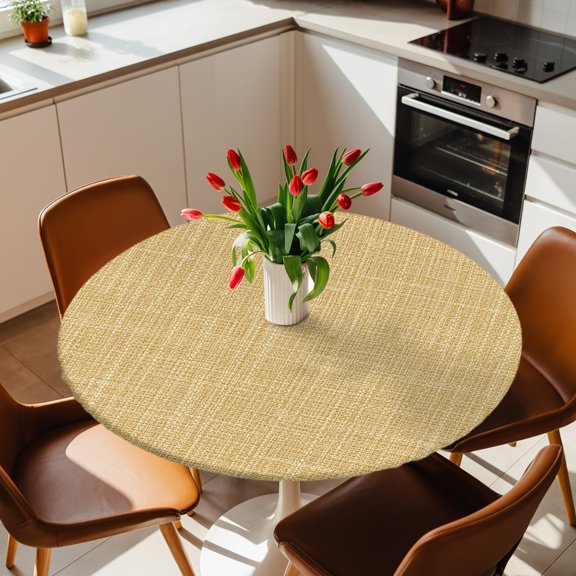 Farmhouse Yellow Linen Flax Round Fitted Tablecloth with Elastic Edge,Waterproof Table Cloth Fits 36"-44" Tables,Wipeable Table Cover for Indoor Outdoor Dinning Party,Minimalist Burlap Texture