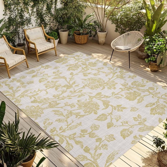Farmhouse Yellow Outdoor Rug 3x5 Ft - Reversible Patio Rug Outdoor Camping Rugs, Vintage Flower Leaf Botanical Plant Washable Indoor Outdoor Area Rugs, Non-Slip Outdoor Carpet Runner for Deck/Porch