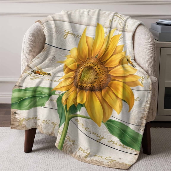 Farmhouse Yellow Sunflower Bee Throw Blanket Flannel Fleece Throws, Vintage Wood Barn Lightweight Super Soft Warm Blankets for Couch Sofa Bed All Season Use, 50x60 in