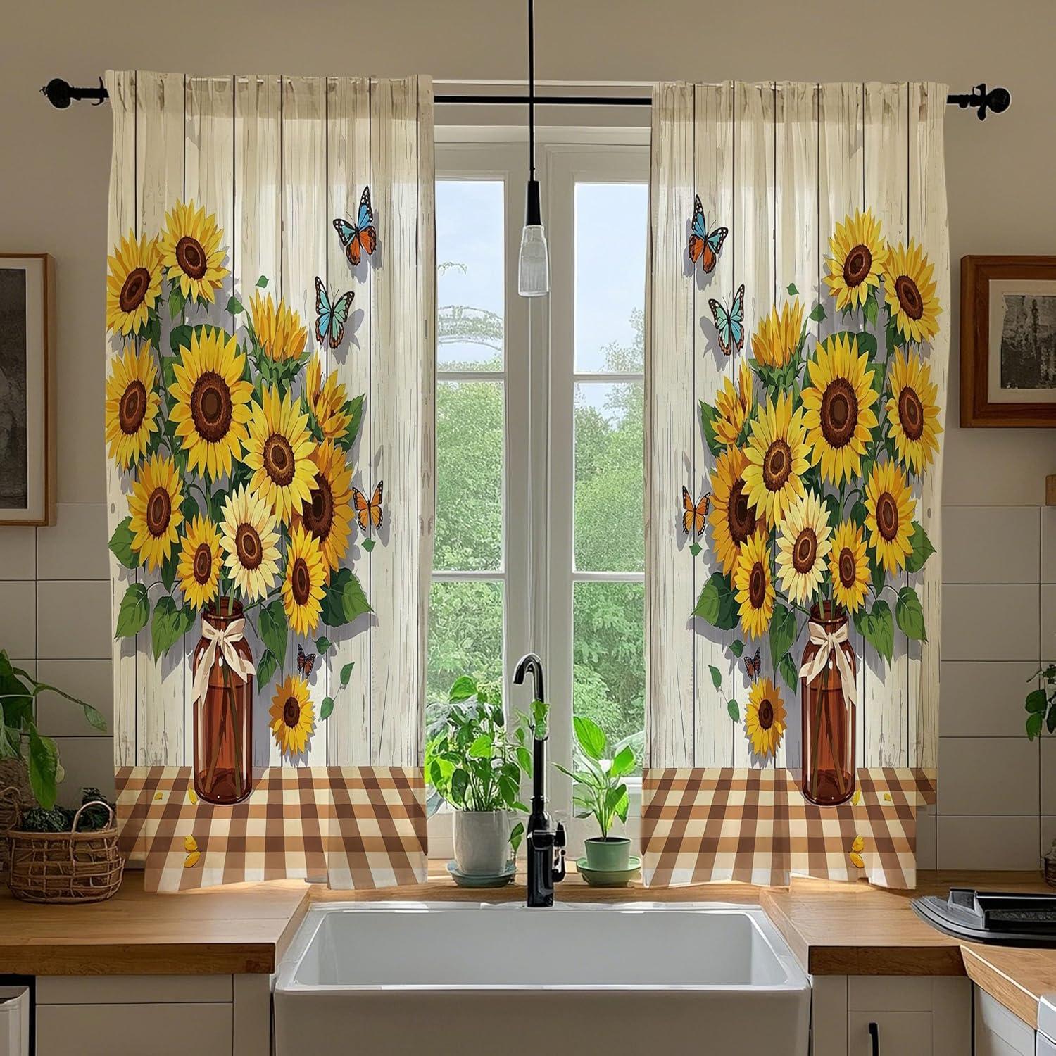 Farmhouse Yellow Sunflower Kitchen Curtains Retro Rustic Wooden Barn ...
