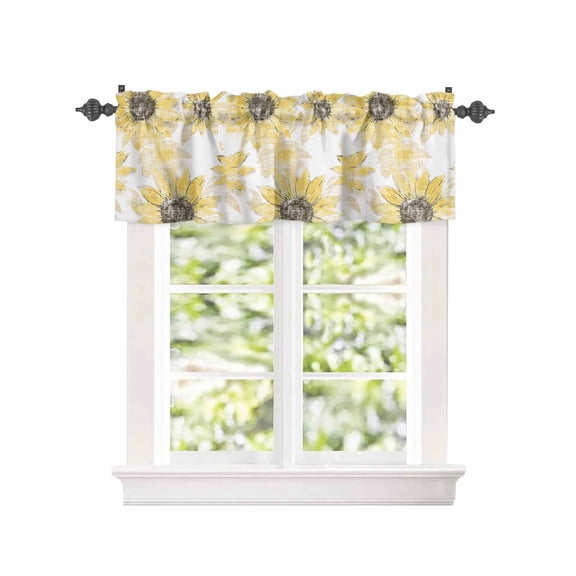 Farmhouse Yellow Sunflowers Curtain Valances for Kitchen Windows,Rod Pocket Short Valance Vintage Linen Texture Flowers Window Treatment for Living Room Bathroom Bedroom,54" x 18"-1 Panel