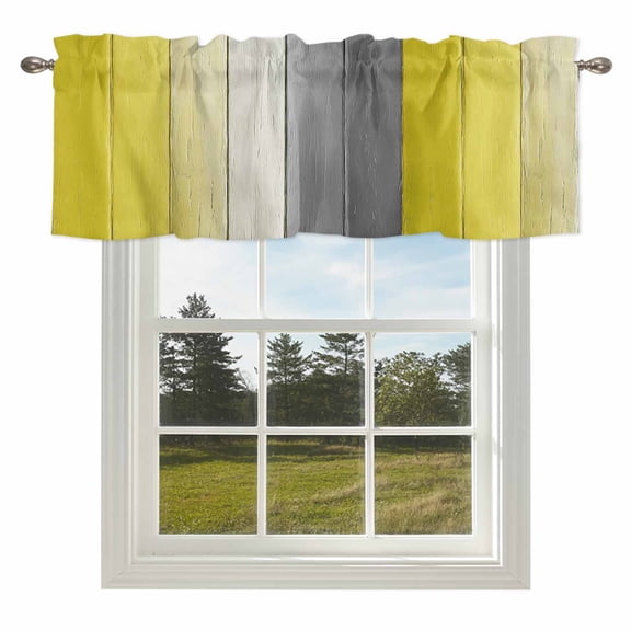 Farmhouse Yellow Wood Board Valances for Windows Rustic Vintage Grey Gradient Plank Rod Pocket Curtain Valance Window Treatment Short Curtains for Kitchen Living Room,42x12in