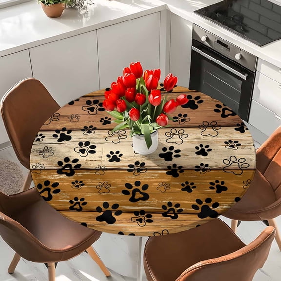 Farmhouse Yellow Wood Grain Retro Round Fitted Tablecloth with Elastic Edge,Waterproof Table Cloth Fits Tables Up to 36"-44",Washable Table Cover for Dinning Party,Cute Dog Paw on Plank