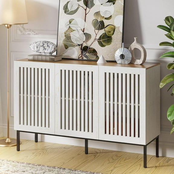 Farmhouse buffet cabinet with metal base, adjustable shelves and doors, antique storage sideboard for kitchen, dining and living room