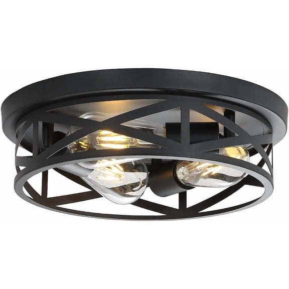 Farmhouse cage-style ceiling light, 3-light indoor close-to-ceiling light, 13-inch round vintage metal flat ceiling light, suitable for bedrooms, living rooms, porch kitchen entrance, black