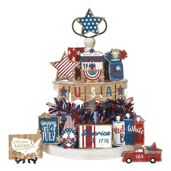 Farmhouse decor, Vintage Home decor Aesthetic, Tiered Tray decor, 4Th of July decorations, Wooden Display Stand, Gnomes decorations for Home, Centerpiece Table decorations, Star