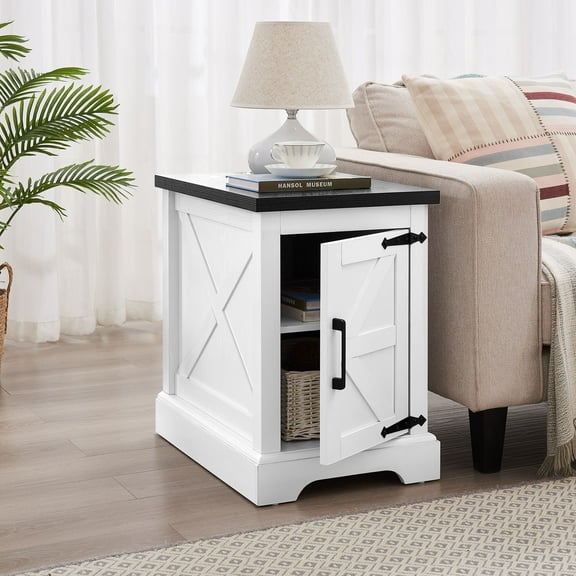 Farmhouse end table Nightstand Rectangular Farmhouse End Table with Barn Door and Adjustable Storage Shelf, Rustic Sofa Side Table for Living Room, Bedroom,