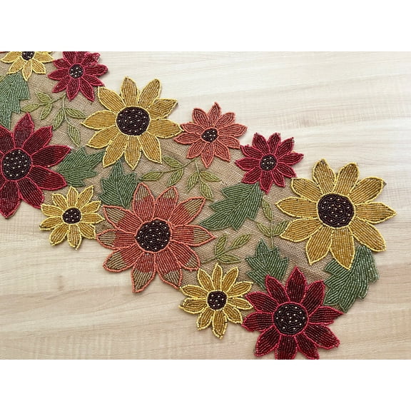 Farmhouse floral spring beaded table runner, handmade, burlap and bead runner, 13x36inch