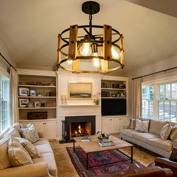 Farmhouse four-light retro wooden pendant lamp, adjustable height