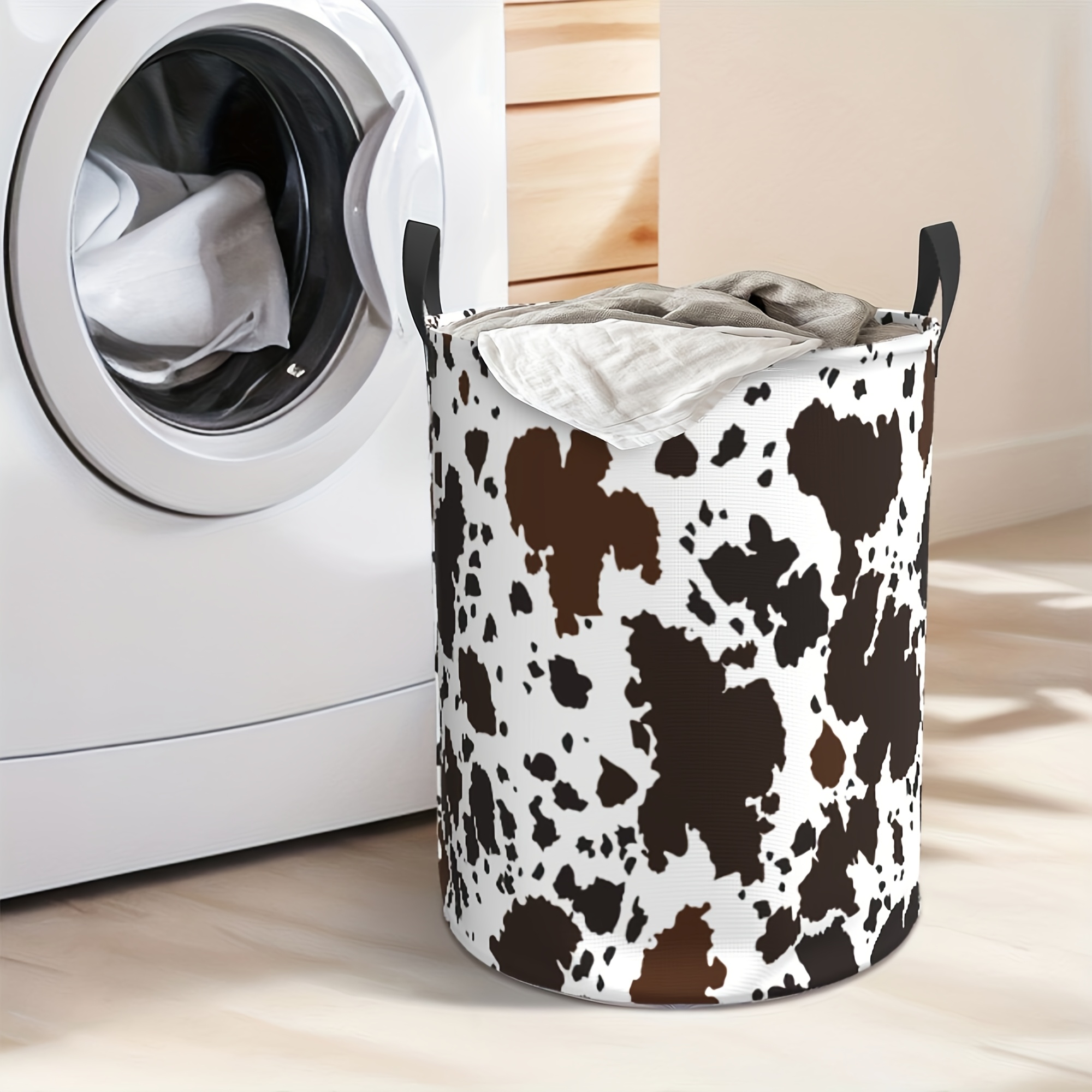 Farmhouse-style Cow-print Laundry Basket - Foldable Round Basket with Handle, Durable Oxford Cloth Storage Bin, 19.6x15.7 Inches, Suitable for Bathrooms, Bedrooms, Laundry Rooms