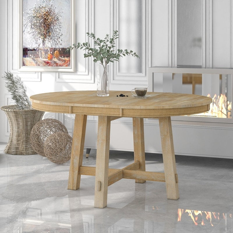 Farmhouse Round Extendable Oak Wood Dining Table