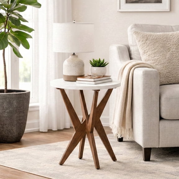 Round End Table 24'' High Side Table with White Top & Cross Legs, Mid Century Modern Accent Bedside Table for Living Room, Balcony, Bedroom or Small Spaces, White Walnut