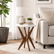 Round End Table 24'' High Side Table with White Top & Cross Legs, Mid Century Modern Accent Bedside Table for Living Room, Balcony, Bedroom or Small Spaces, Whi