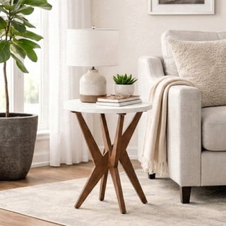 Round End Table 24'' High Side Table with White Top & Cross Legs, Mid Century Modern Accent Bedside Table for Living Room, Balcony, Bedroom or Small Spaces, White Walnut