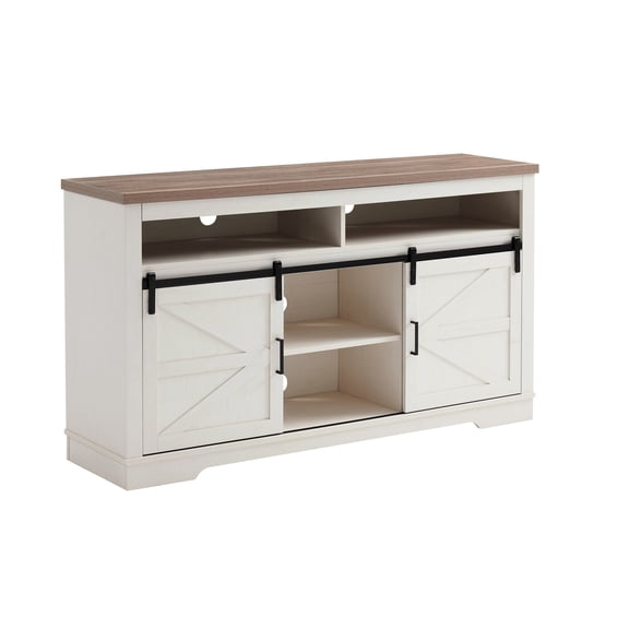 Farmhouse style TV table | For 65 + inch TVs, sliding barn door for easy use | High - quality MDF and particle board | Adjustable end shelves for more storage space