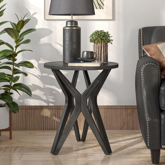 Farmhouse-style side table with a base, distressed tabletop, tripod base, suitable for living room, modern, bohemian decor, round shape