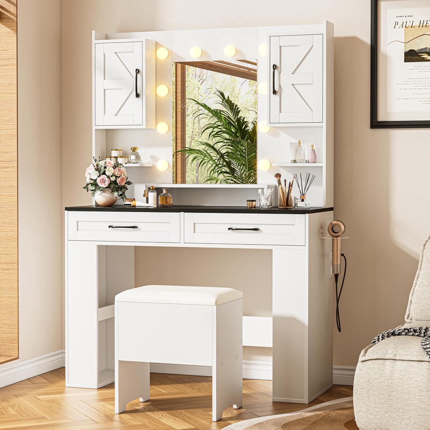 Farmhouse vanity desk with HD mirror and RGB lights, large makeup