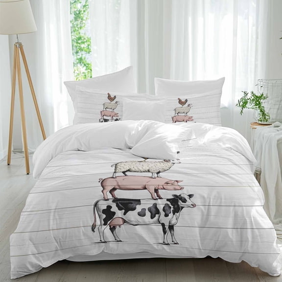 Farmhouses Animal Queen Size Comforter Set, Cow Sheep Pig Chicken Wood Grain Bedding for All Seasons, 4 Pcs Bed Set, 1Quiltcover (90"x92") ,1Sheet(94"x116"), 2Pillowcases (30"x20")