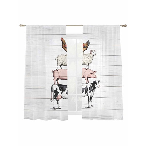 Farmhouses Animal Sheer Curtains 2 Panels Set Cow Sheep Pig Chicken Wood Grain Sheer Window Curtains Light Filtering Rod Pocket Voile Drapes for Bedroom Living Room 52"x63"