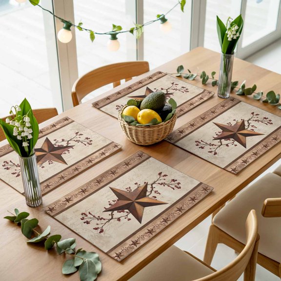Farmhouses Country Stars Berries Placemats Set of 4,Wipeable Washable Table Mats for Dining Tables, Retro Wood Patterns Place Mats for Kitchen Event Party Tabletop Decor