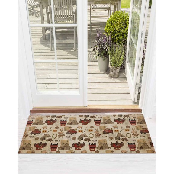 Farmhouses Front Door Mat Truck Cow Rooster Barn Envelope Vintage Welcome Doormat Indoor Outdoor Entrance Floor Mat Non-Slip Washable Runner Rug for Front Porch Decor 16x47 Inch