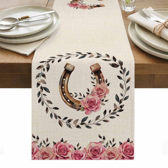 Farmhouses Horseshoes Cotton Linen Table Runner Roses Leaves Retro Countryside Dining Table Runners for Home Decor Party Dining Room Restaurant Kitchen Party 13" x 36"