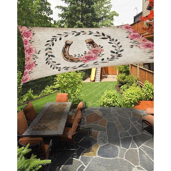 Farmhouses Horseshoes Sun Shade Sail 6.5'X10' Roses Leaves Retro Vintage Paper UV Block Outdoor Sail Shades Breathable Waterproof Rectangular Sunshade for Patio Garden Pool Pergola Porch