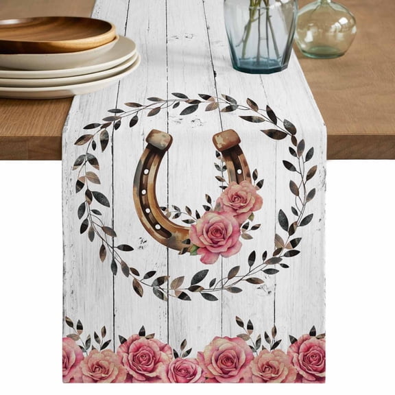 Farmhouses Horseshoes Table Runner, Roses Leaves Retro White Wood Cotton Linen Table Cloth, Tablerunner for Kitchen Dining Party Wedding Home Decor 13x36 Inch